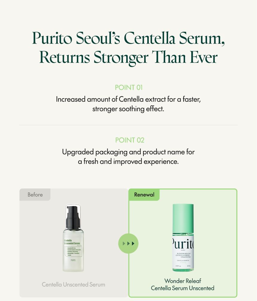 PURITO Wonder Releaf Centella Unscented Serum (15/60ml) - Kiyoko Beauty