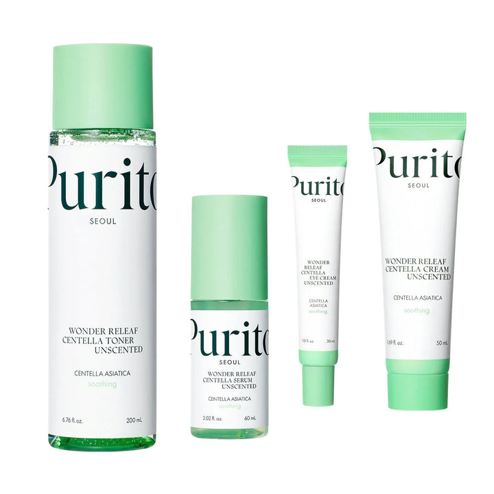 Purito Seoul Wonder Releaf Centella SKin Care Set Toner Serum facial moisturizer eye cream hydrating rejuvenating repairing Korean skin care K Beauty World