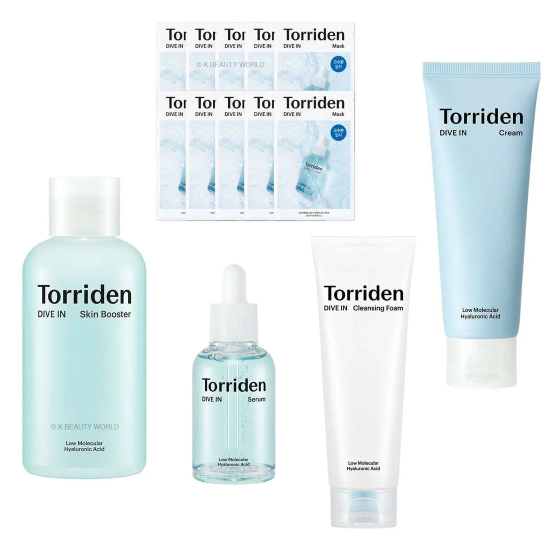 Torriden DIVE-IN Low Molecular Hyaluronic Acid Hydrating Booster Set Toner face cleanser serum moisturizer daily Korean hydrating skincare routine K Beauty World